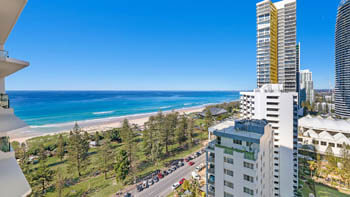 Stunning shoreline view of the Gold Coast and ocean from ULTIQA Beach Haven on Broadbeach.